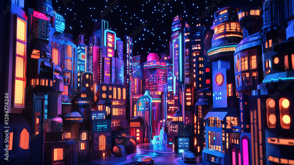 A futuristic paper art cityscape at night, where paper buildings are made from metallic-colored paper and illuminated with glowing neon paper lights. A futuristic paper art cityscape at night, where paper buildings are made from metallic-colored paper and illuminated with glowing neon paper lights.