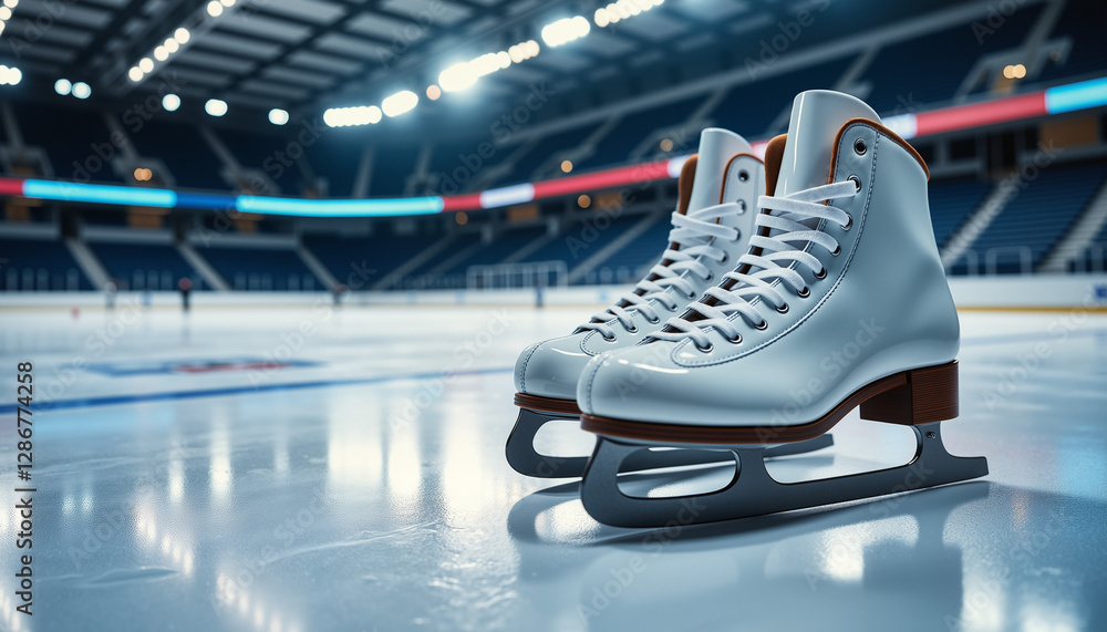 White ice skates on rink with sports arena in background