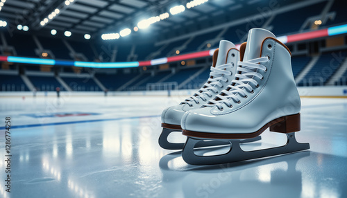 Obraz na płótnie White ice skates on rink with sports arena in background w salonie