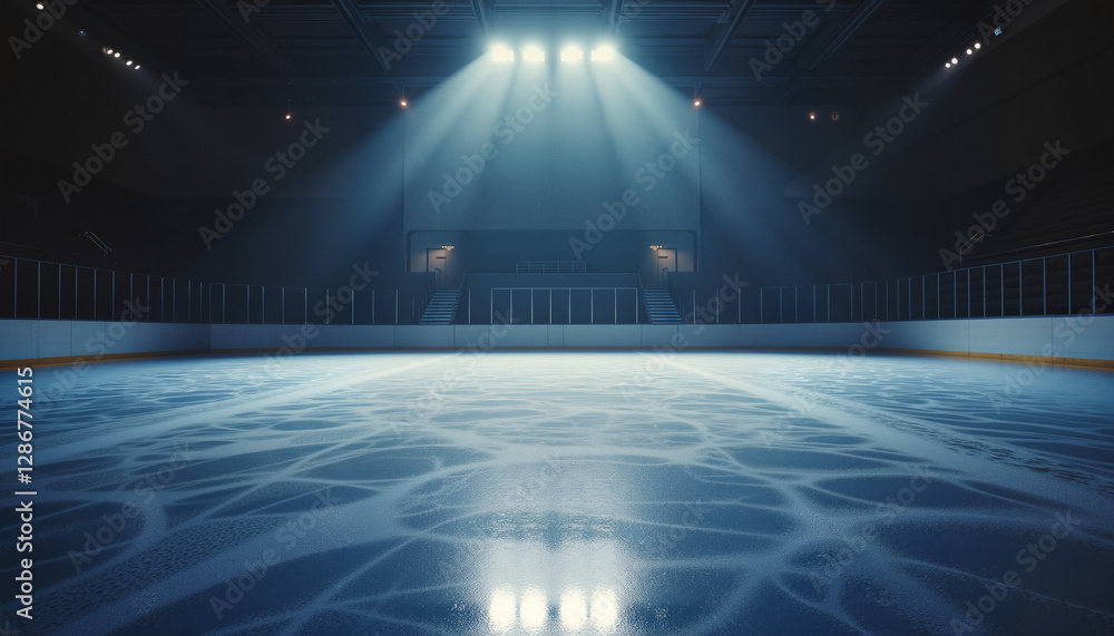 Empty ice rink with dramatic lighting in sports arena