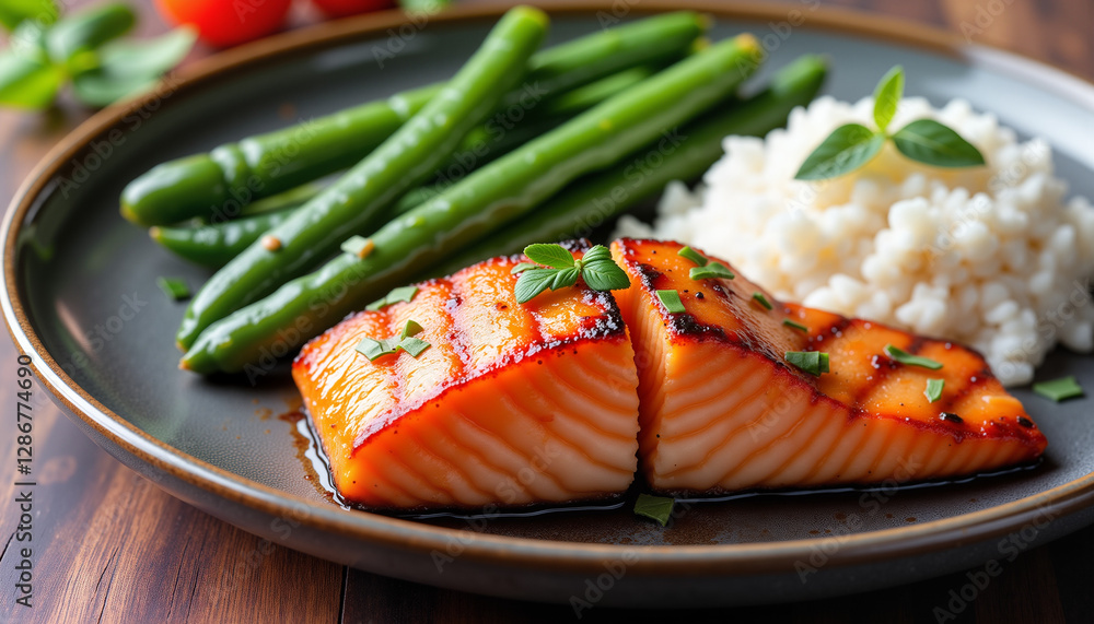 Grilled salmon fillet with green beans and rice on wooden background