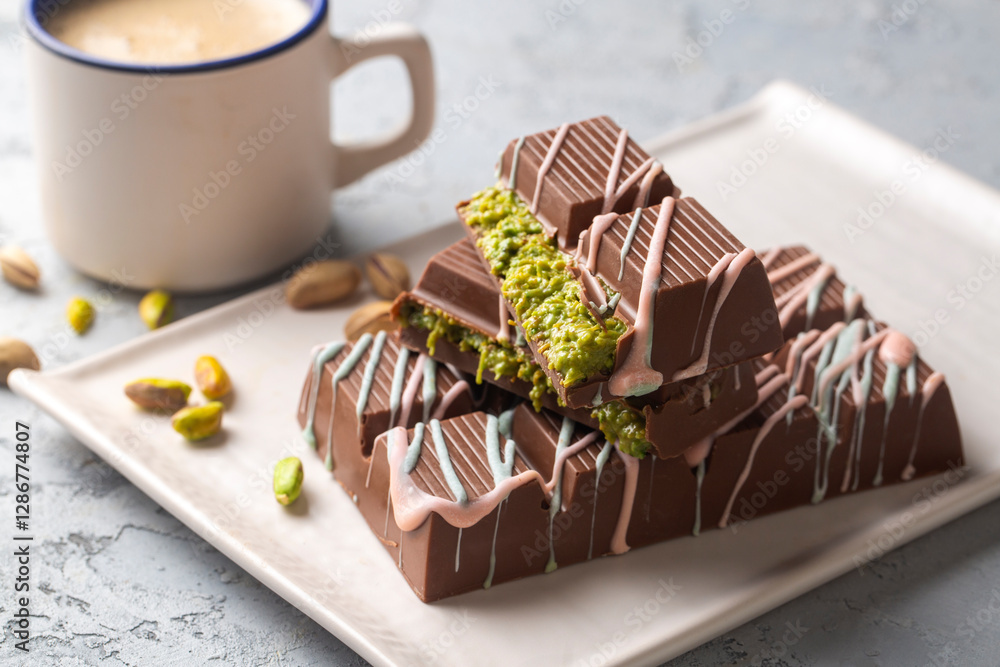 Dubai chocolate, milk chocolate filled with peanut butter and kunefe
