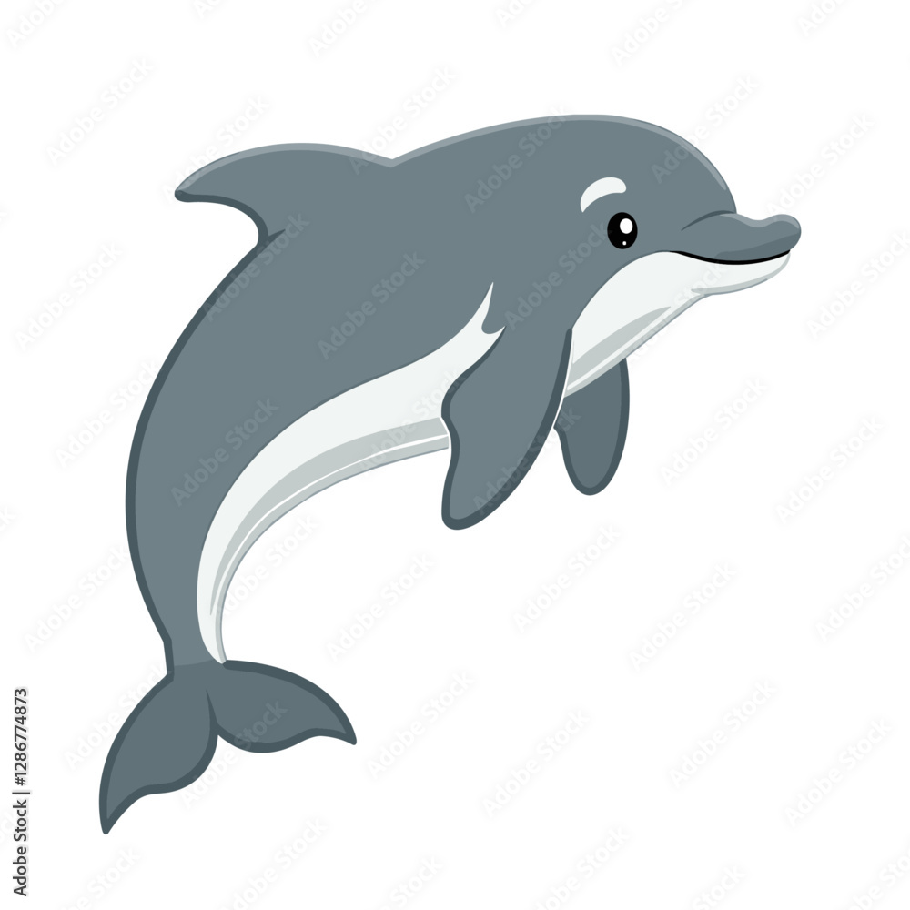Fototapeta premium Cartoon-style illustration of a playful friendly gray dolphin with accents perfect for children's books and educational materials