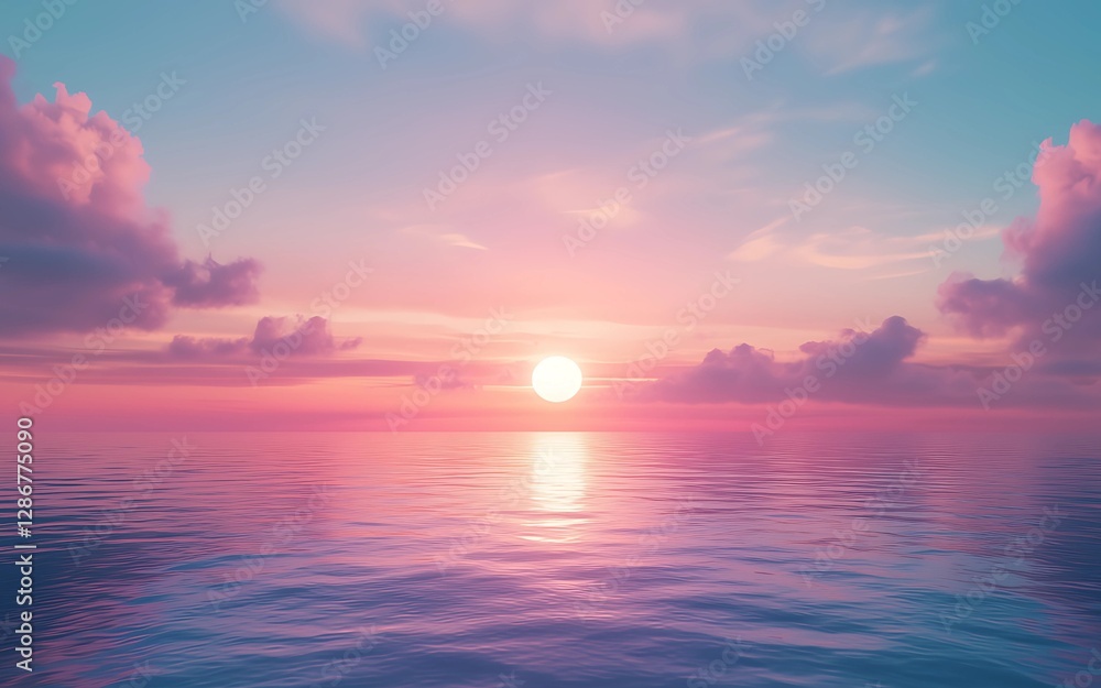 Obraz premium A tranquil sunset over calm waters, showcasing vibrant hues of pink, purple, and blue in the sky, reflecting beautifully on the ocean surface.