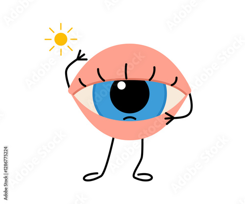 Photo phobia, squinting eye on sun, cute character. Health eyesight. Vector cartoon illustration