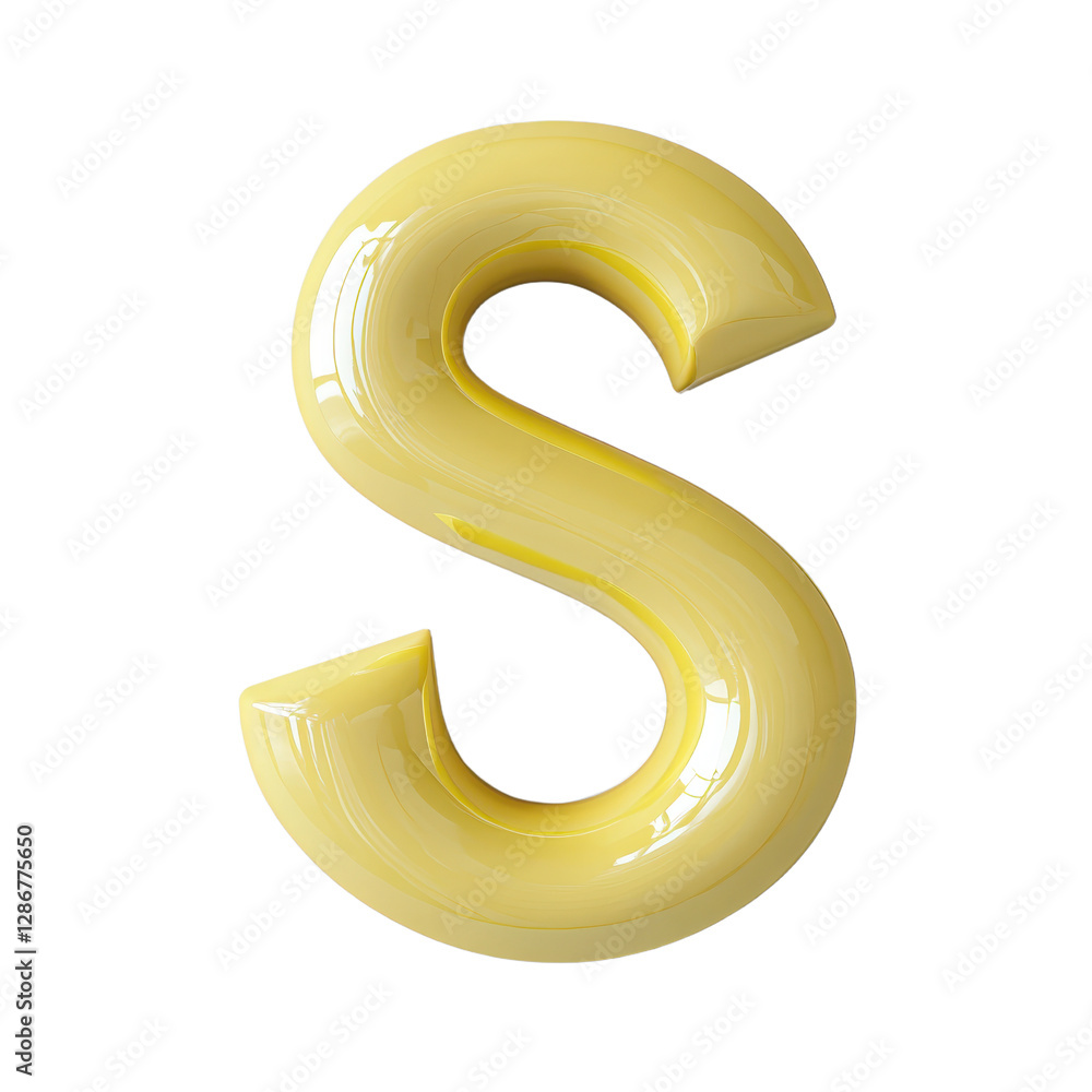 Shiny yellow letter S 3D render icon on Clean modern graphic of alphabet for web app and print design