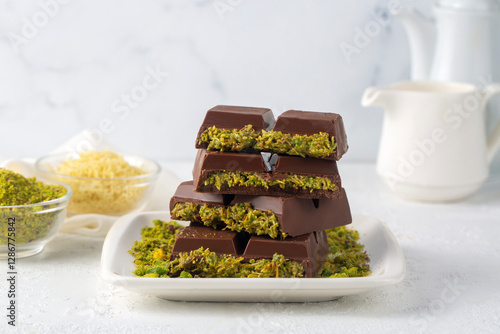 Dubai chocolate, milk chocolate filled with peanut butter and kunefe