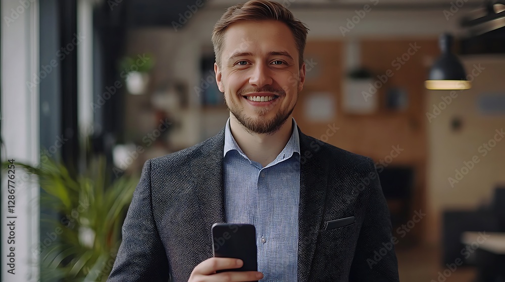 Portrait happy businessman with smart phone in the office. Portrait young happy entrepreneur holding mobile phone and looking at camera while standing in the office. businessman