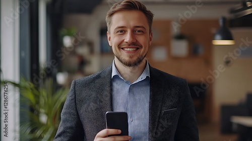 Obraz na płótnie Portrait happy businessman with smart phone in the office. Portrait young happy entrepreneur holding mobile phone and looking at camera while standing in the office. businessman w salonie