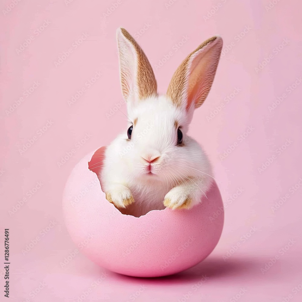 Obraz premium Adorable Easter Bunny Hatching from Pink Egg: Springtime Cutness, Perfect for Easter Cards, Festive Decorations, Springtime Designs, and Cute Animal 