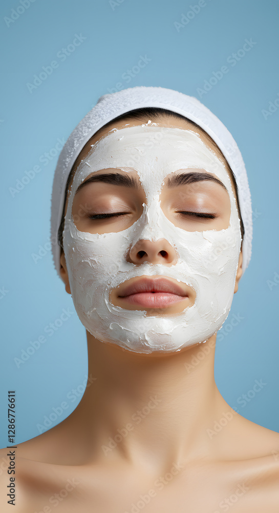 Beauty portrait of young woman with closed eyes enjoying a facial cosmetic treatment, wearing a white face mask on blue background. Beauty portrait of young woman with closed eyes enjoying a facial cosmetic treatment, wearing a white face mask on blue background.
