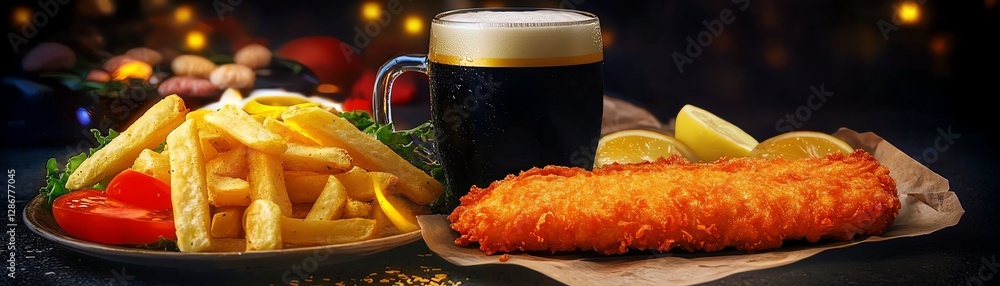 Delicious fish and chips plate served with a refreshing beer, garnished with fresh lemon and vegetables in a cozy setting. Delicious fish and chips plate served with a refreshing beer, garnished with fresh lemon and vegetables in a cozy setting.