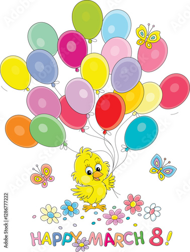 Happy March 8 card with a happy little chick holding colorful balloons among flowers and merry butterflies flying around, vector cartoon illustration on a white background