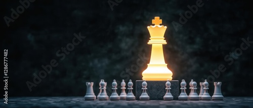 Leadership in Business Symbolized by Glowing King Piece, Illuminated chess king surrounded by pieces on a dark background. photo