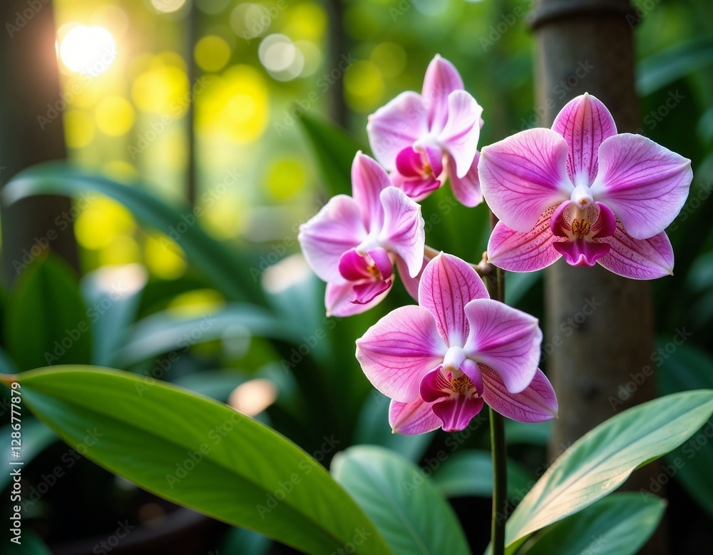 Serene Pink Orchid in Full Bloom with Sunlit Garden Background Serene Pink Orchid in Full Bloom with Sunlit Garden Background