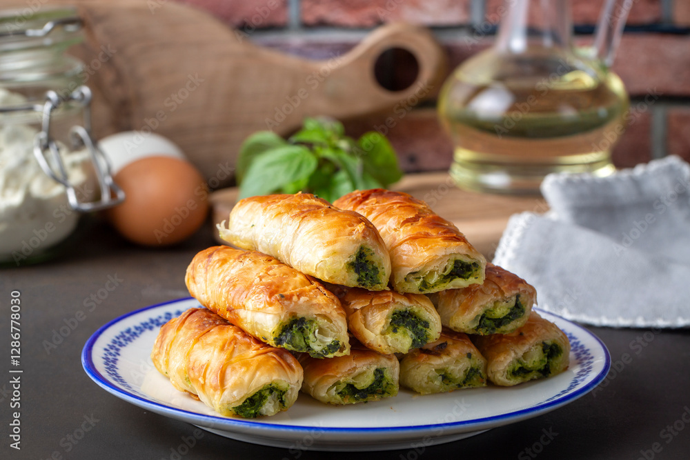 Turkish Tepsi Boregi, Round Borek, Tray pastry (Turkish name; rulo borek - sigara boregi). Spinach Pie.