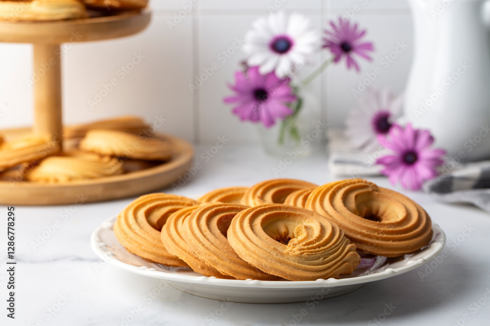 Sweet and tasty round butter cookies. Round ring shaped German spritz biscuits