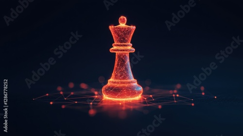 Leadership in Business Symbolized by Glowing King Piece, Glowing chess king piece in a dark digital environment.