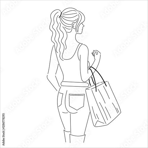A girl goes to the store with a bag.