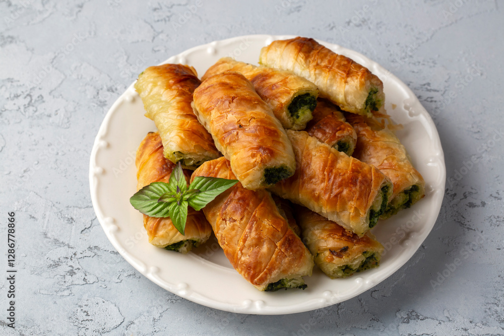 Turkish Tepsi Boregi, Round Borek, Tray pastry (Turkish name; rulo borek - sigara boregi). Spinach Pie.