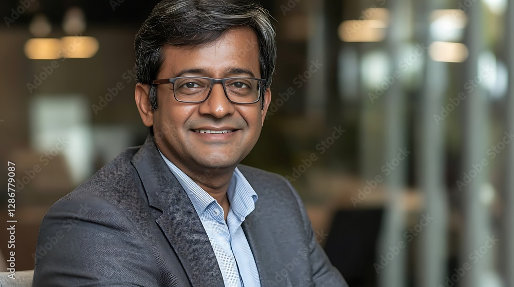 Portrait mature Indian or Latin business man ceo trader using laptop computer, typing, working in modern office. Middle-age Hispanic smiling handsome businessman entrepreneur looking aside,dreaming
