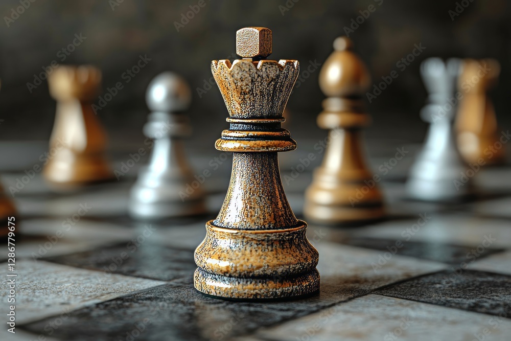 Fototapeta premium One chess piece stands against a full complement of black chess pieces