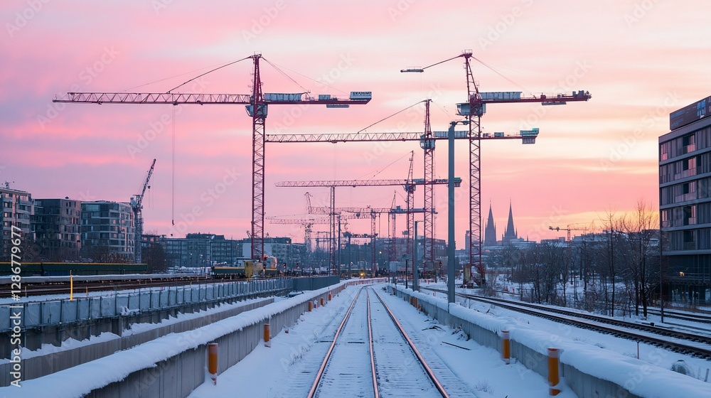 City construction site sunrise, snowy tracks City construction site sunrise, snowy tracks