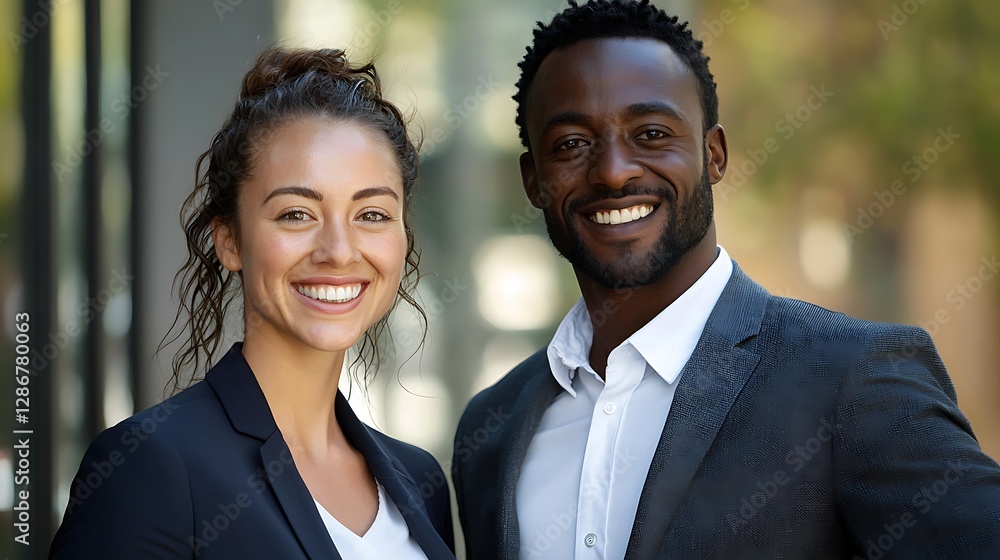 Portrait multi ethnic business couple Portrait cheerful multi ethnic business couple wearing suit and looking at camera businessman
