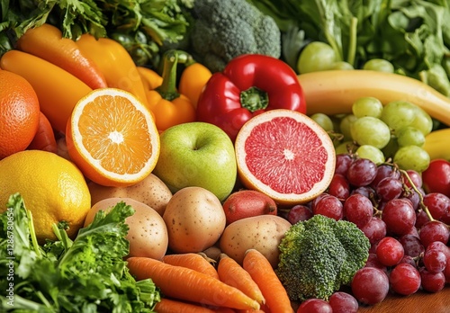 A variety of fruits and vegetables are displayed on a table. There are oranges, apples, grapes, and broccoli