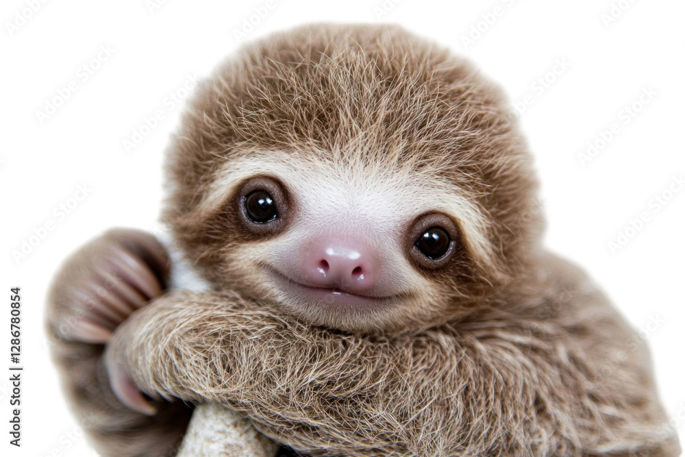 Fototapeta premium A close-up portrait of a baby animal with brown fur, a pink nose, and a slight smile against a transparent background