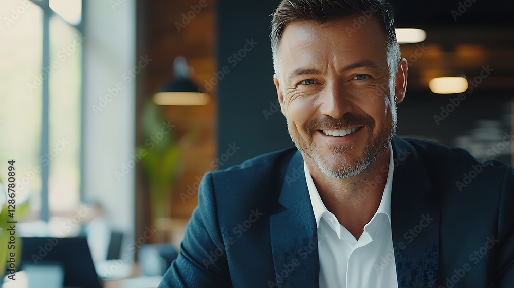 Portrait smiling ceo at modern office workplace in suit Portrait a confident mature businessman working in a modern office. Mature cheerful executive businessman at workspace office. Portrait smiling
