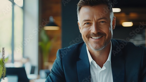 Obraz na płótnie Portrait smiling ceo at modern office workplace in suit Portrait a confident mature businessman working in a modern office. Mature cheerful executive businessman at workspace office. Portrait smiling w salonie