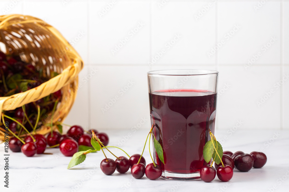 Glass of sour cherry juice with fresh red cherries, summer juice