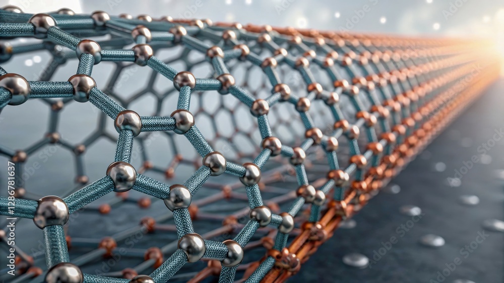 Fototapeta premium Material science and biomaterials, 3D illustration of a graphene structure with interconnected atoms and a glowing background.