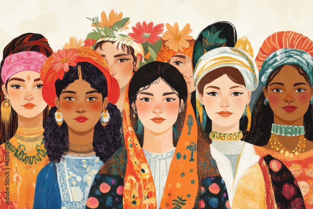 Fototapeta premium A vibrant illustration of women from various cultures standing together, wearing traditional attire and accessories that highlight their unique heritage