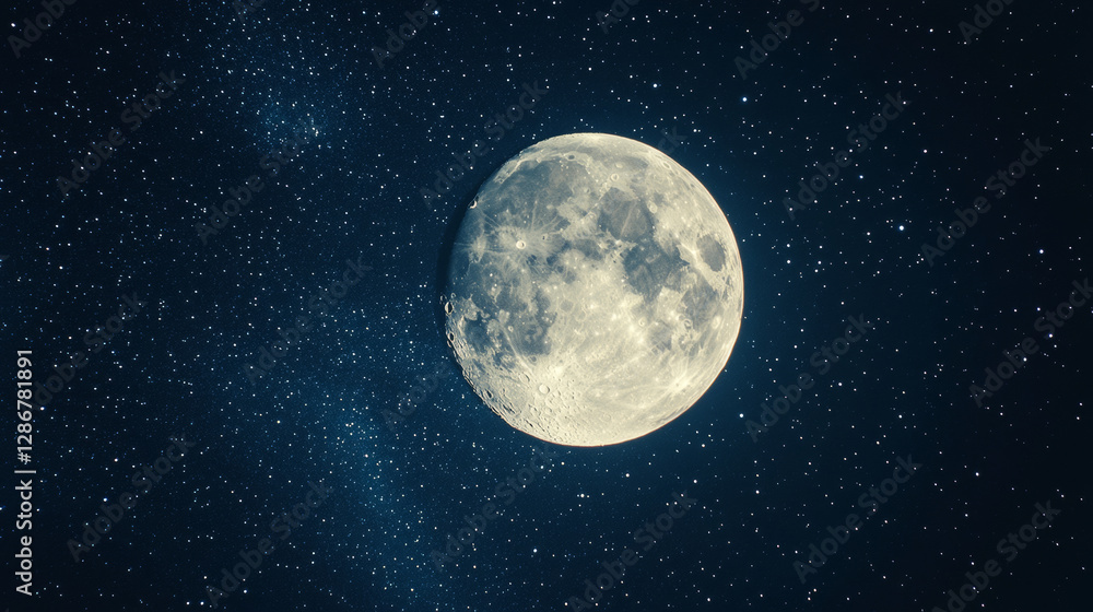 Realistic moon in space with stars and transparency, full luna Earth satellite, Phoebe astrology detailed object with craters, round shining dial with glowing halo on night sky, 3d vector illustration Realistic moon in space with stars and transparency, full luna Earth satellite, Phoebe astrology detailed object with craters, round shining dial with glowing halo on night sky, 3d vector illustration
