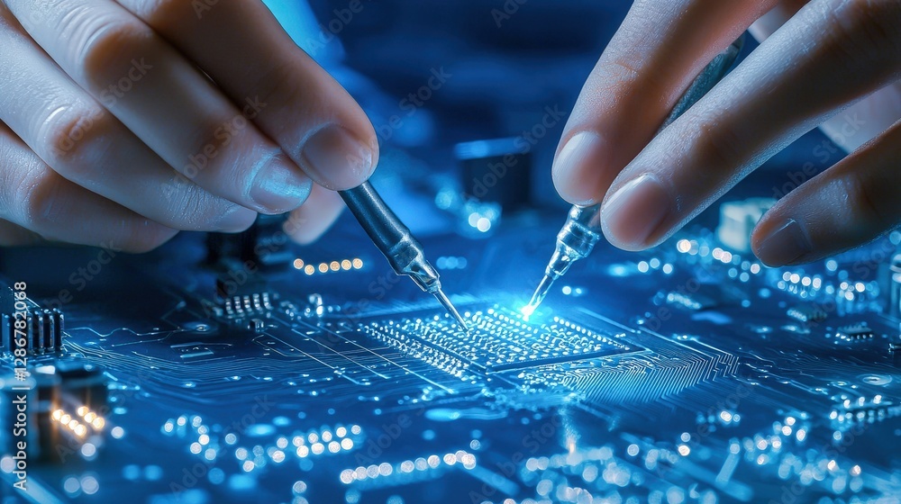 Engineer electrical and troubleshooting, Hands working on a glowing circuit board with precision tools. Engineer electrical and troubleshooting, Hands working on a glowing circuit board with precision tools.