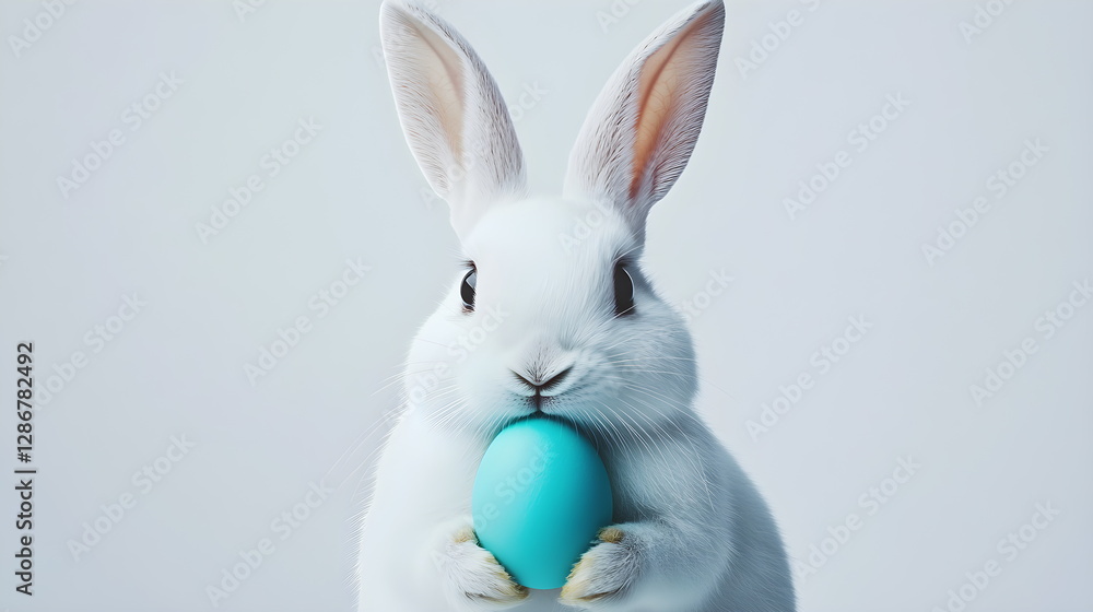 Obraz premium Minimalistic Easter bunny portrait: a cute white rabbit with soft ears holding a single vibrant egg (turquoise or coral), against a clean white background. Pastel tones, simple composition, 16:9