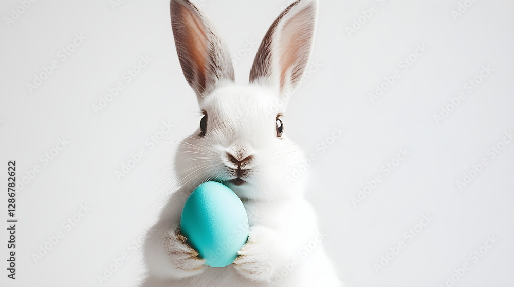Obraz premium Minimalistic Easter bunny portrait: a cute white rabbit with soft ears holding a single vibrant egg (turquoise or coral), against a clean white background. Pastel tones, simple composition, 16:9