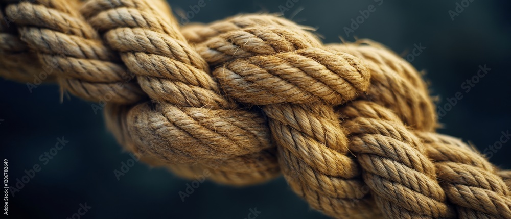 Thick braided rope coiled tightly against a dark, contrasting background. Thick braided rope coiled tightly against a dark, contrasting background.