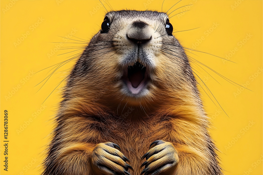 Fototapeta premium close up of a surprised marmot on yellow background