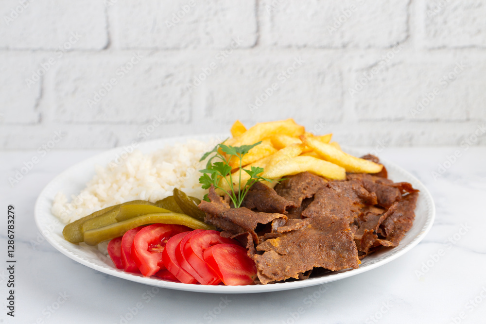 Meat doner menu, iskender menu on plate, turkish special meat doner, food, special menu (Turkish name; pilav üstü et doner)