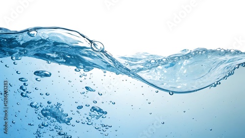 Crystal clear blue water splash with dynamic motion, high-speed macro photography capturing water bubbles and fluid waves, perfect for hydration, freshness, and nature backgrounds.