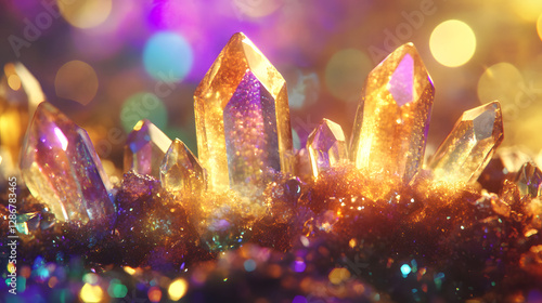 Crystals in various shapes and sizes on a purple background for artistic visualization
