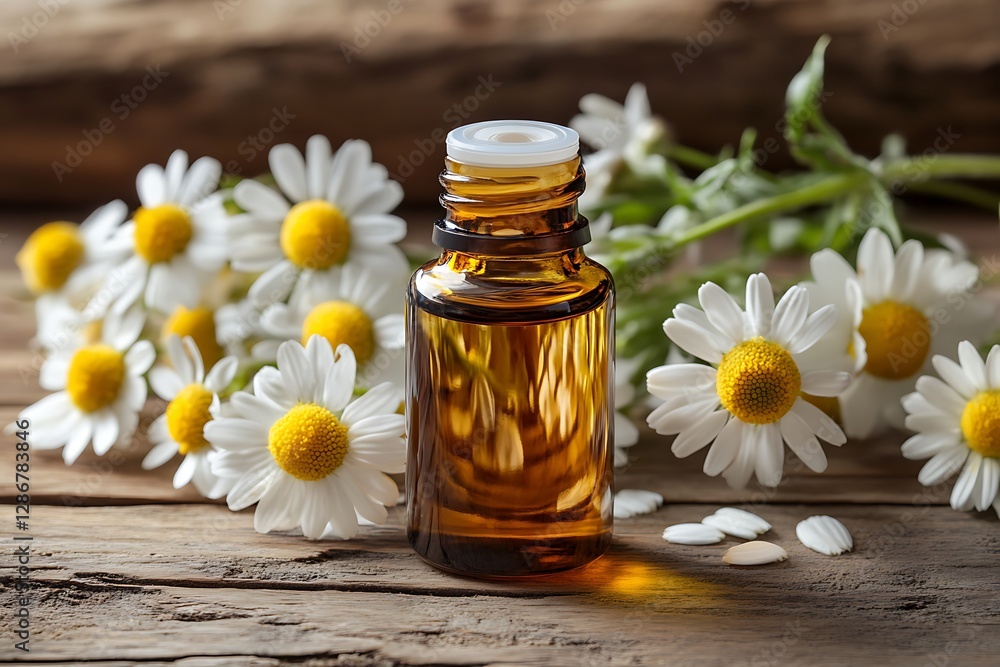Chamomile Essential Oil in Amber Bottle with Flowers Chamomile Essential Oil in Amber Bottle with Flowers