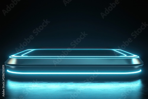 Futuristic podium in 3D features sleek metallic surface and glowing outlines.