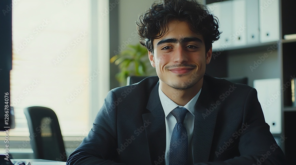 Portrait young hispanic businessman inside office, boss in business suit smiling and looking at camera, experienced satisfied man at workplace at desk Portrait young hispanic businessman inside office
