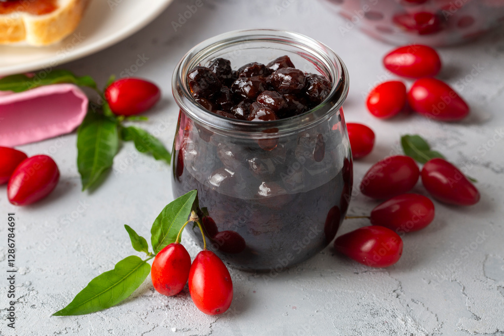 Homemade dogwood cornel jam in glass jar