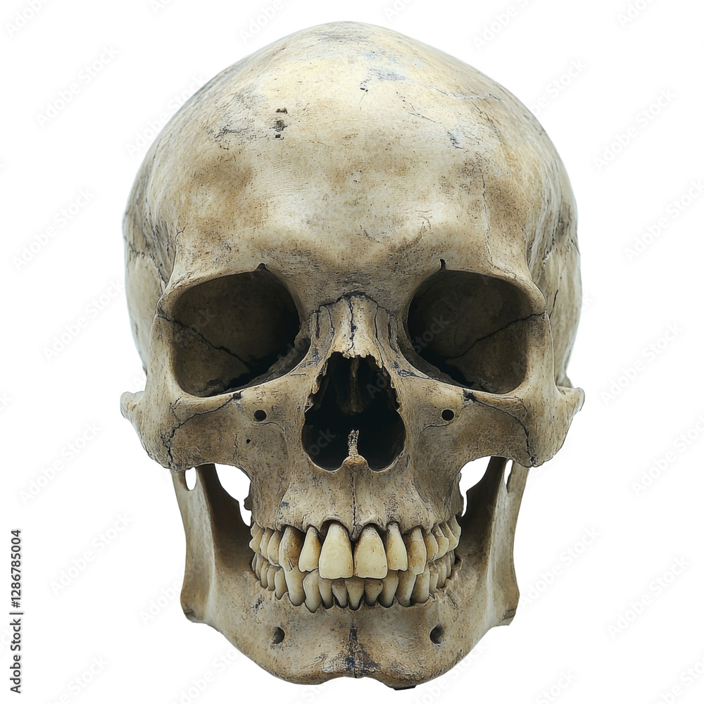 Obraz premium Human skull with teeth, cranial sutures and bone structure isolated on white background