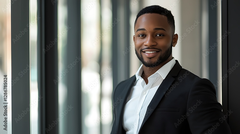 Portrait Successful African American Male Business Manager And Financial Advisor Waist up portrait an attractive young Black businessman working with digital tools and online documents. He is smiling